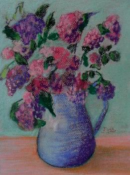 Artwork Pastel Painting of Vase of Lilacs  Floral art by artist Joan Winter